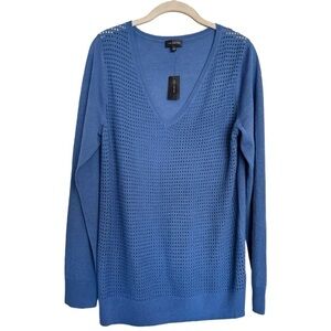 The Limited Lightweight Sweater Top Sz L Blue Merino Wool Open Weave V-Neck NWT